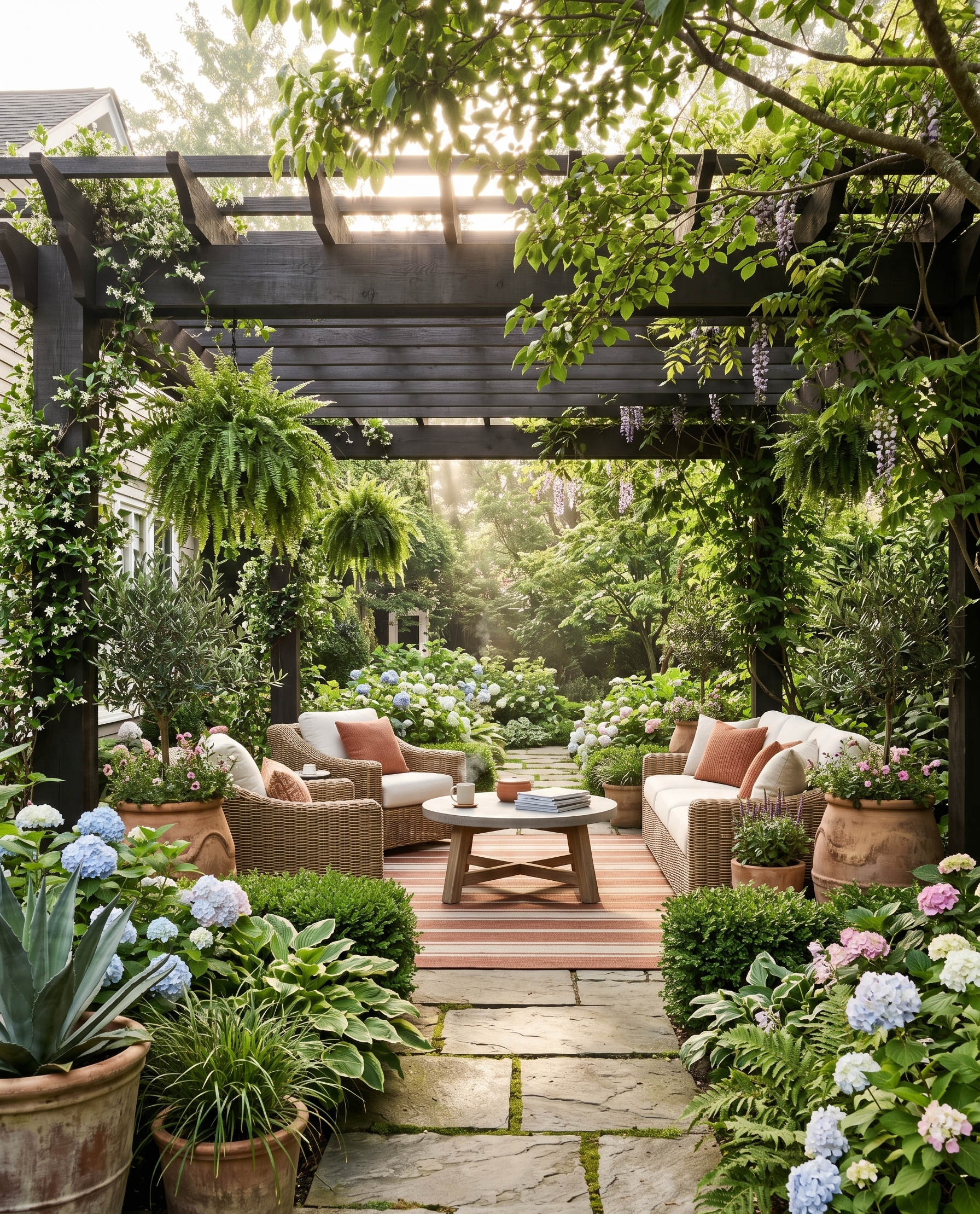 Outdoor garden patio with wooden pergola