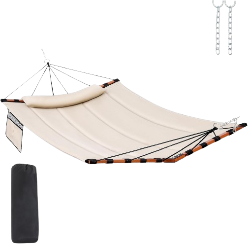2 Person Hammock with V Shaped Hardwood Spreader Bar & Nylon Rope